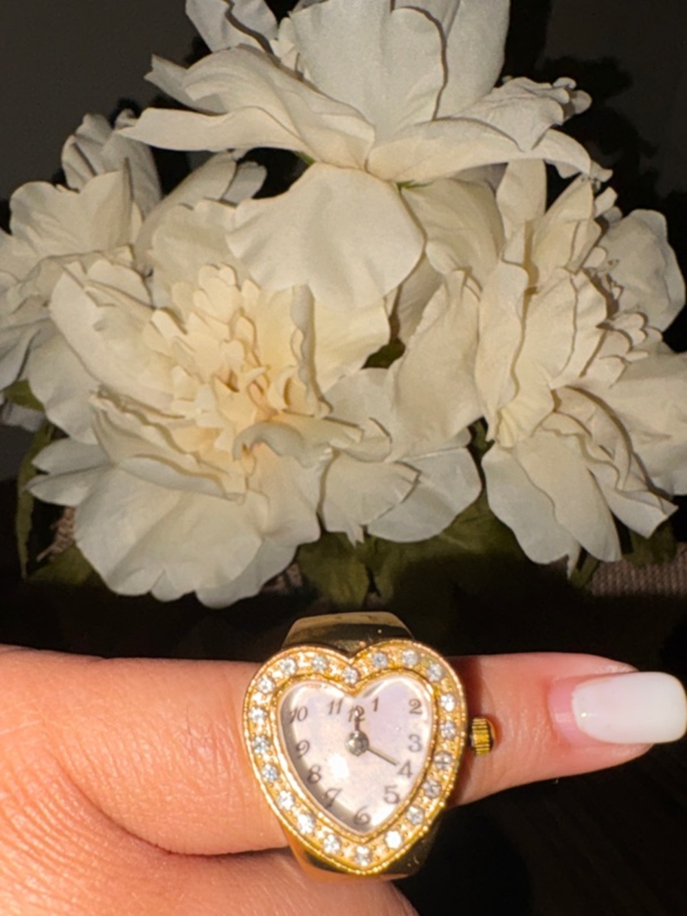 Gold Heart Watch Ring with Crystal Accent - Women Jewelry